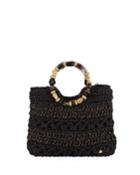 Ring-handle Woven Toyo Straw Tote Bag, Black