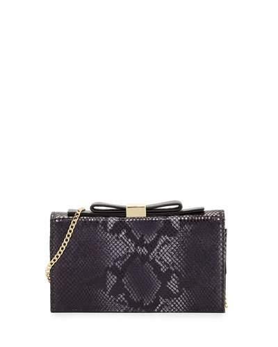 Nora Snake-embossed Leather Clutch Bag, Black