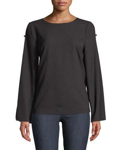 Button Ladder-sleeve Crepe Blouse