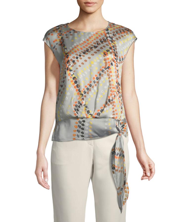 Seraphina Garden-print Tie-hem Silk Blouse, Gray