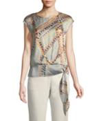 Seraphina Garden-print Tie-hem Silk Blouse, Gray