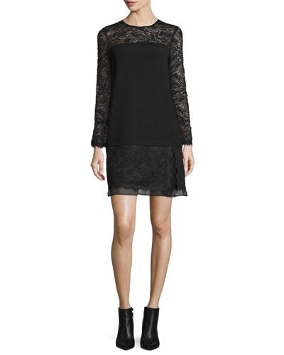 Lavana Long-sleeve Lace Shift Dress, Black