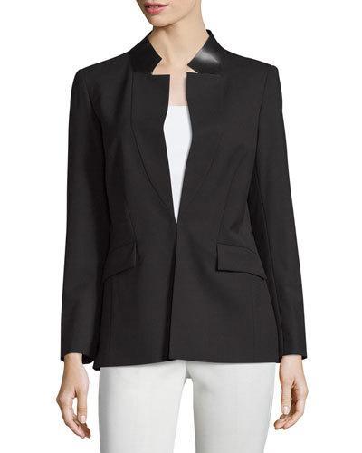 Yumiko Leather-trim Open Jacket, Black