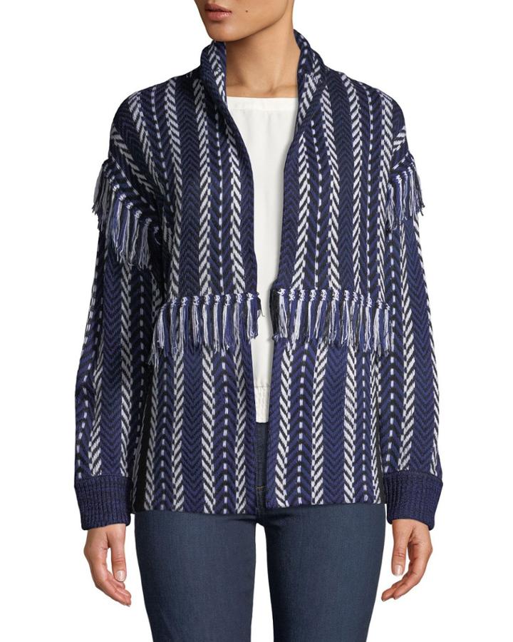 Fringed Knit High-neck Cardigan