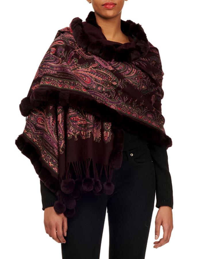 Paisley Double Face Cashmere Stole W/ Fur Trim