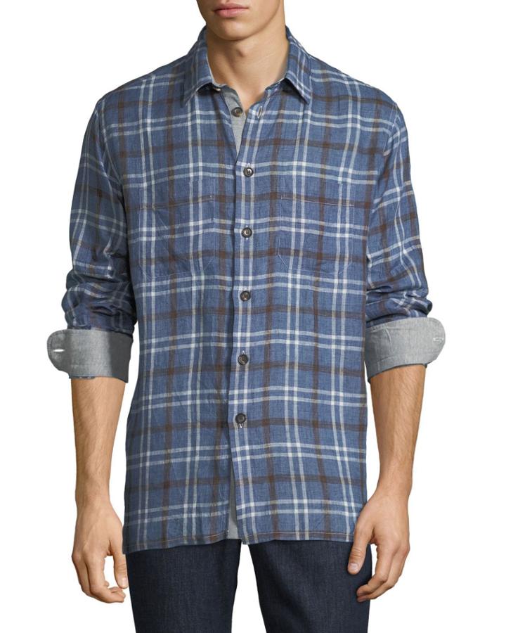 Men's Madras-plaid Linen Button-front