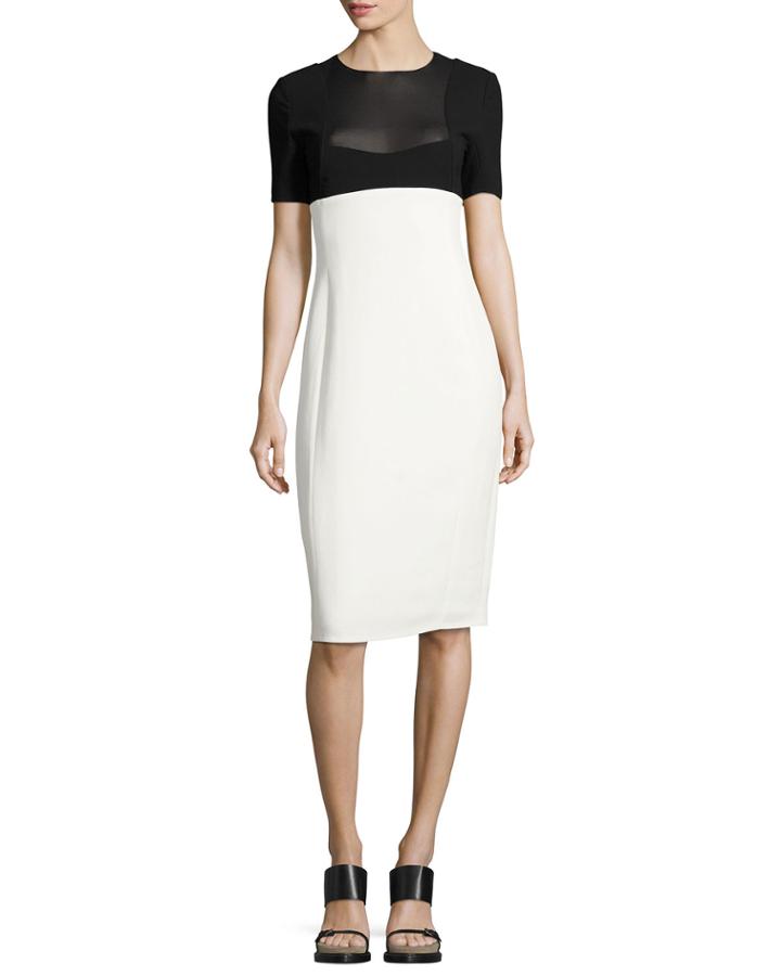 Two-tone Short-sleeve Sheath Dress, Black/white