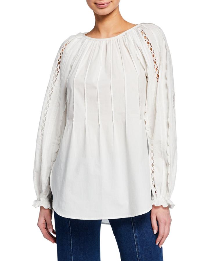 Scoop-neck Embroidered Long-sleeve Top