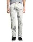 Shredded Patchwork Straight-leg Jeans, White
