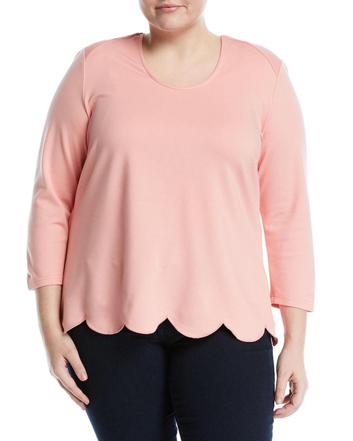 3/4 Sleeve Scalloped-hem Blouse,