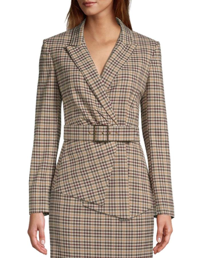 Check Belted Asymmetrical Hem Jacket