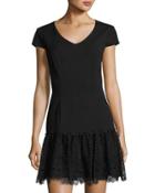 Cap-sleeve Lace-trim Flounce Dress, Black
