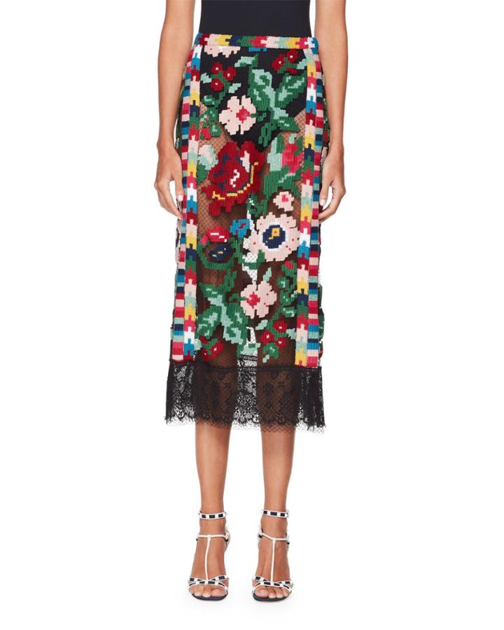Semisheer Carpet-embroidered Pencil Skirt With
