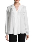 Pleat-front Long-sleeve Blouse, Ivory
