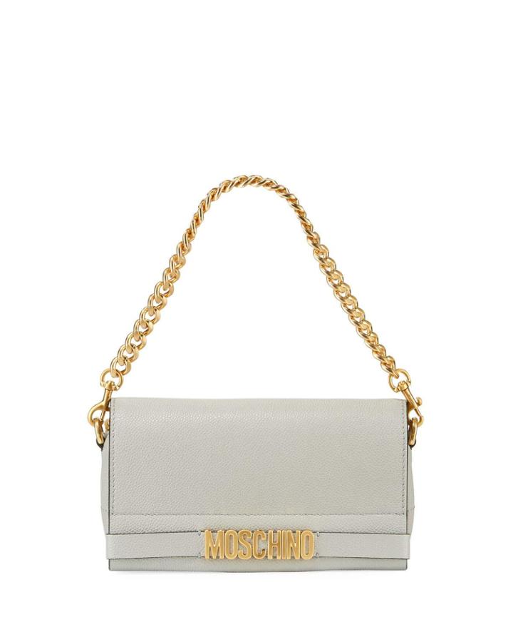 Glossy Chain Leather Crossbody Bag, Gray