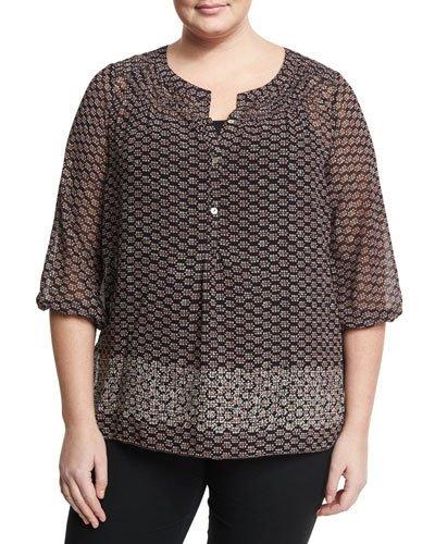 Crimped Printed Short-sleeve Blouse, Black,