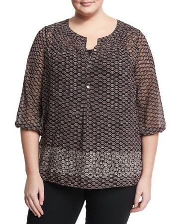 Crimped Printed Short-sleeve Blouse, Black,