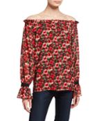 Floral Off-the-shoulder Tie-cuff Blouse, Red