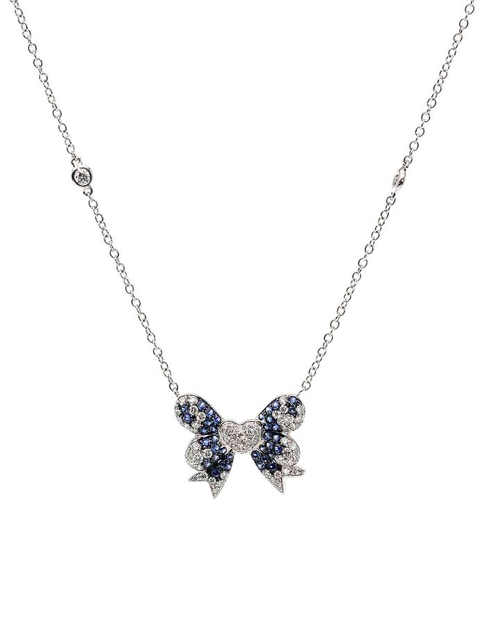 18k White Gold Diamond & Sapphire Bow Necklace, Blue