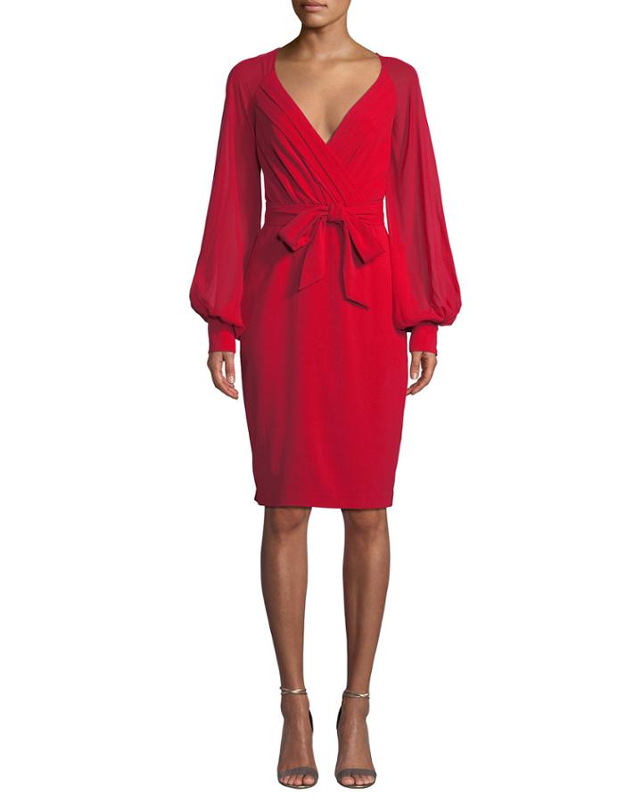 V-neck Blouson-sleeve Faux-wrap Cocktail Dress
