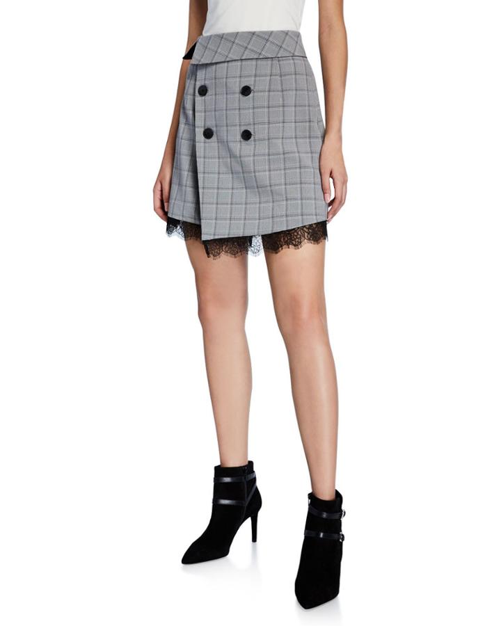 Double-breasted Check Lace-trim
