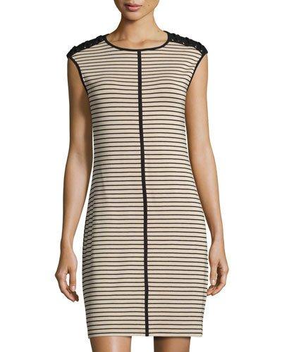 Sleeveless Striped Knit Dress, Beige