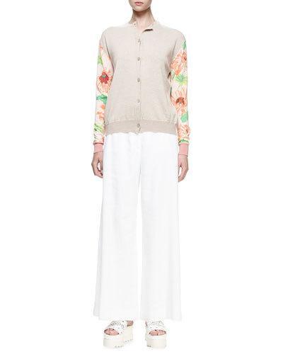 Floral-print Long-sleeve Cardigan, Stone/rose/stone
