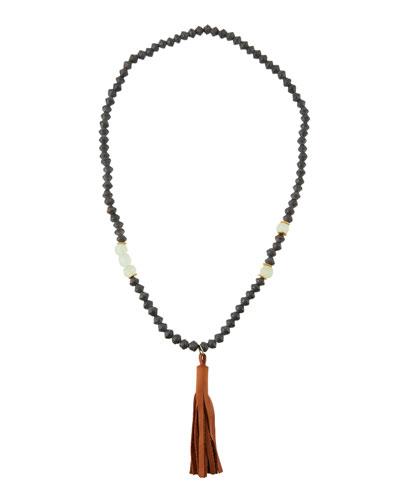 Long Paper & Glass Beaded Necklace W/ Leather Tassel, Gray