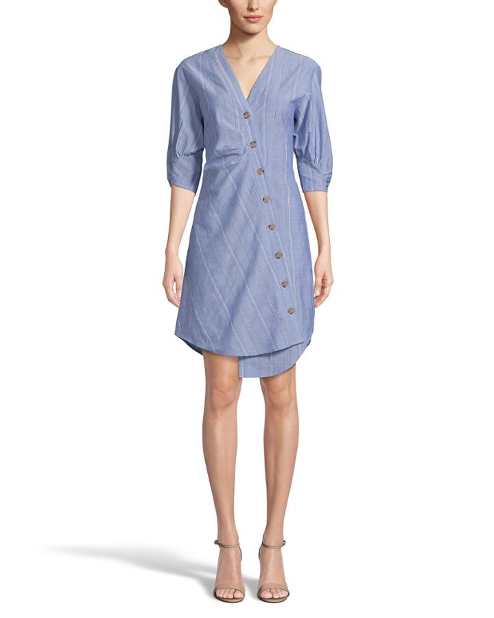 Striped V-neck 3/4-sleeve Button-up Dress