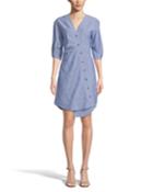 Striped V-neck 3/4-sleeve Button-up Dress