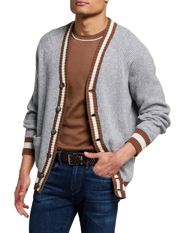 Men's English Rib Contrast-trim Button-front Cardigan