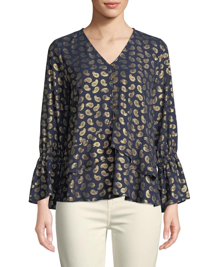 Metallic Paisley-print Ruffle Blouse