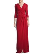 3/4-sleeve Twist-waist Gown, Red