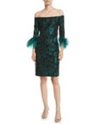 Off-the-shoulder Jacquard Feather-cuff Dress