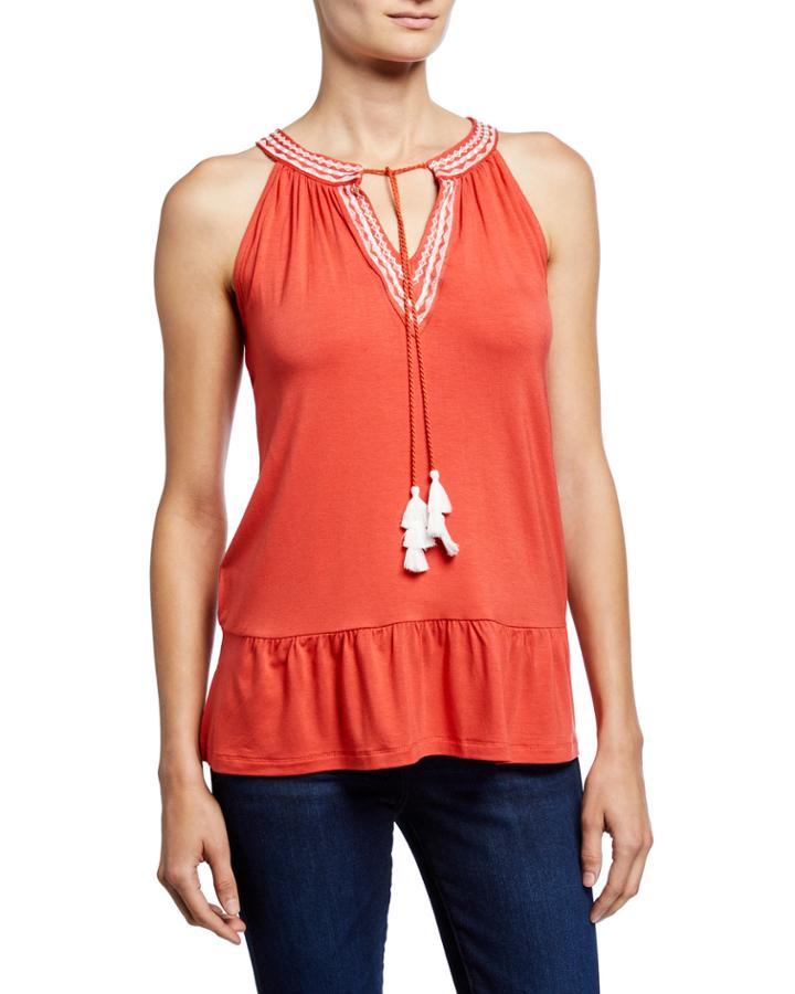 Tassel-tie Ruffle-hem Halter-neck Keyhole Tank