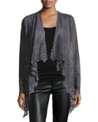 Laser-cut Faux-suede Fringed Cardigan, Charcoal