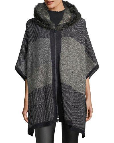 Faux-fur-trim Colorblock Zip Poncho