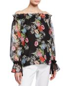 Floral Off-the-shoulder Tie-cuff Blouse, Black