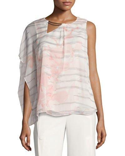 Asymmetric-neck One-sleeve Blouse, White Pattern