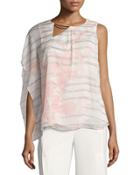 Asymmetric-neck One-sleeve Blouse, White Pattern