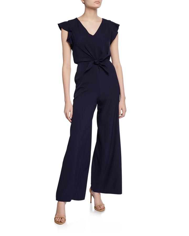 Knot-front Flutter-sleeve Wide-leg Jumpsuit