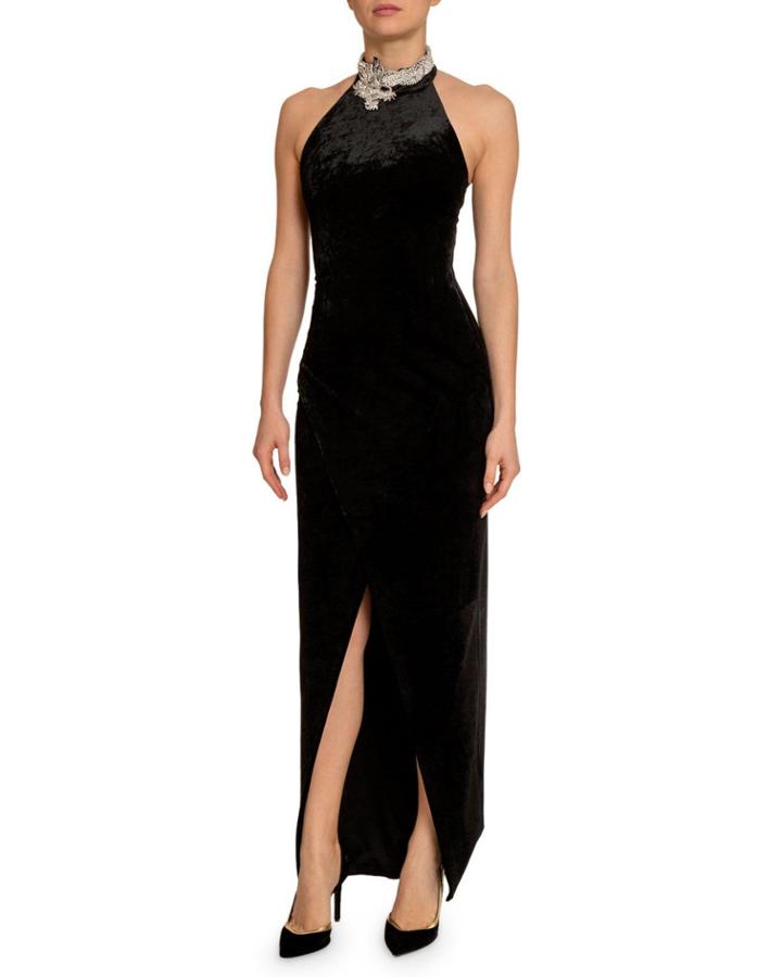 Velvet Embellished-halter Gown