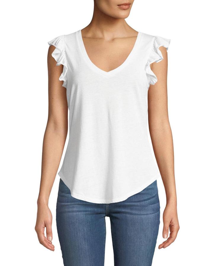Flutter-sleeve V-neck Tee, White