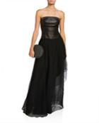 Strapless Chiffon Leather-bodice Gown