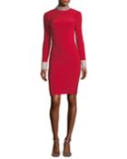 Long-sleeve Cutout Back Jersey Cocktail Dress W/ Jewel Bands