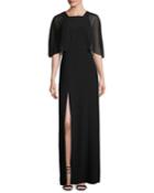 Cape-sleeve Stretch Crepe Gown, Black