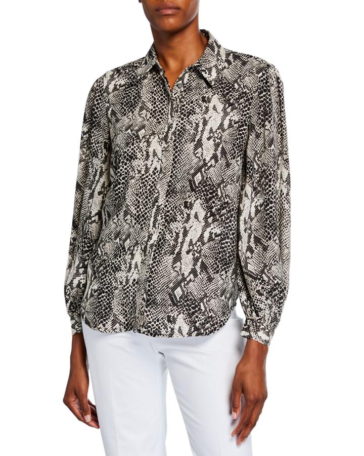 Snake-print Button-front Blouson-sleeve Blouse