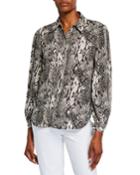 Snake-print Button-front Blouson-sleeve Blouse