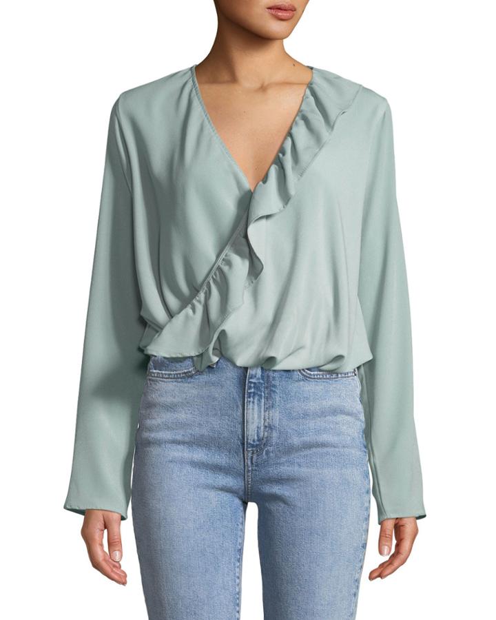 Ruffled V-neck Long-sleeve Blouse