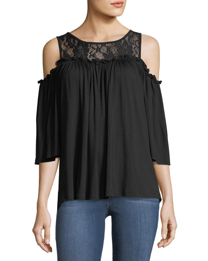 Lace-yoke Cold-shoulder Top, Black
